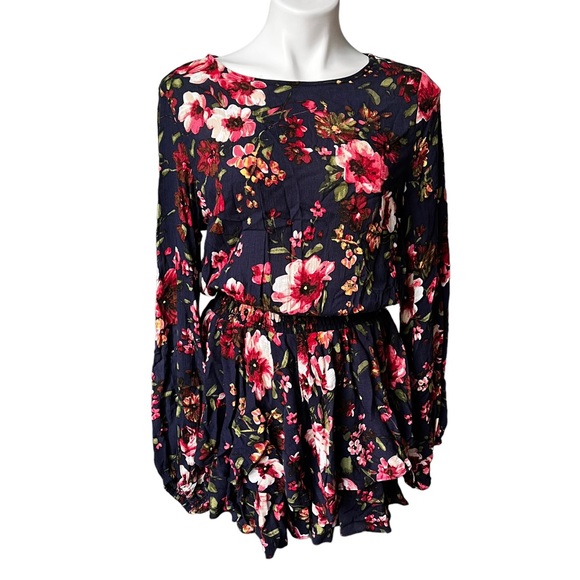 NWT, BluIvy Navy Floral Tiered Ruffle Hem Cinch Waist Dress, sz S - Picture 3 of 12